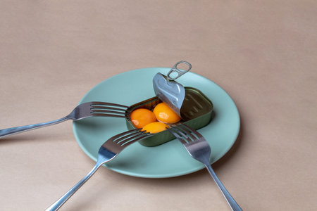 Raw egg yolks and forks in an open can on a pastel green plate. Modernist idea