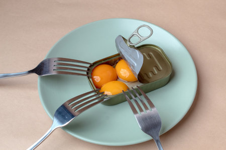 Raw egg yolks and forks in an open can on a pastel green plate. Modernist idea