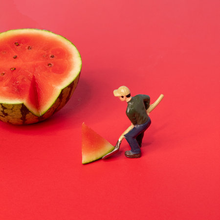 Miniature person working on watermelon under a bright blue sky on a red surface.の写真素材