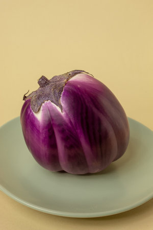 Eggplant on a green plate with yellow background. Still lifeの写真素材