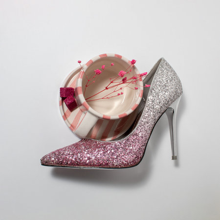 Pink glitter stiletto high heel paired with striped coffee cup, sugar cubes and delicate flowers on white background. Feminine fashion and lifestyle flat lay concept.の写真素材