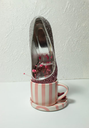 Pink glitter stiletto high heel paired with striped coffee cup, sugar cubes and delicate flowers on white background. Feminine fashion and lifestyle concept.の写真素材