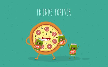 Funny fast food set. Vector illustration with beer pizza and sausageのイラスト素材