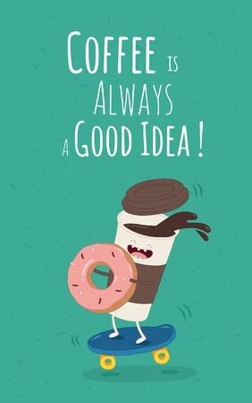 Cartoon comic coffee cup and donut.のイラスト素材