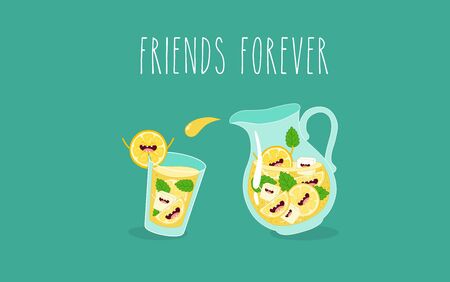 Funny lemon with juicer and glass of lemonade friends forever. Vector illustration.のイラスト素材