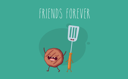 Funny sausage, steak and chicken leg. Friend forever. Vector illustrations.のイラスト素材