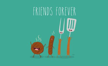 Funny sausage, steak and chicken leg. Friend forever. Vector illustrations.のイラスト素材