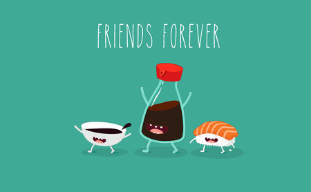 Funny sushi set. Bottle of sake, sushi, rice, soy sauce. Vector illustration.のイラスト素材