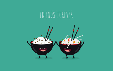 Funny sushi set. Bottle of sake, sushi, rice, soy sauce. Vector illustration.のイラスト素材