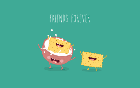 Vector cartoons of comic characters bottle of milk and cookies. Friends forever. Breakfastのイラスト素材