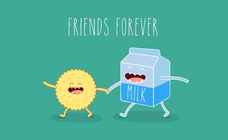 Vector cartoons of comic characters bottle of milk and cookies. Friends forever. Breakfastのイラスト素材