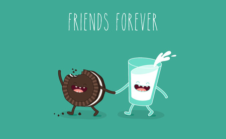 Vector cartoons of comic characters bottle of milk and cookies. Friends forever. Breakfastのイラスト素材