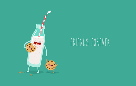 Vector cartoons of comic characters bottle of milk and cookies. Friends forever. Breakfastのイラスト素材