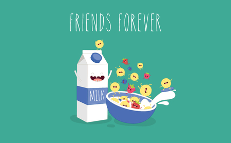 Vector cartoons of comic characters bottle of milk and cookies. Friends forever. Breakfastのイラスト素材
