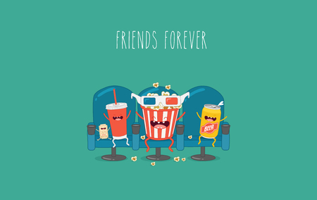 Vector cartoon. fast food. Friends forever. Popcorn, movie ticket, cola, movies, cinemaのイラスト素材