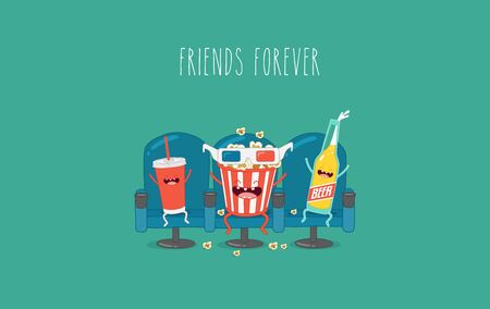 Vector cartoon. fast food. Friends forever. Popcorn, movie ticket, cola, movies, cinemaのイラスト素材