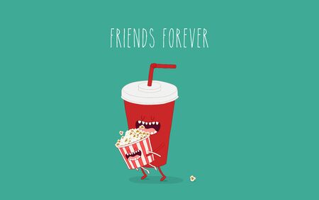 Vector cartoon. fast food. Friends forever. Popcorn, movie ticket, cola, movies, cinemaのイラスト素材