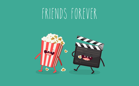 Vector cartoon. fast food. Friends forever. Popcorn, movie ticket, cola, movies, cinemaのイラスト素材