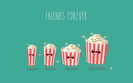 Vector cartoon. fast food. Friends forever. Popcorn, movie ticket, cola, movies, cinemaのイラスト素材