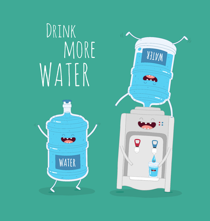 Water set. Funny big and small bottle of water, glass of water and drop water with the inscription drink more water. Vector illustration.のイラスト素材