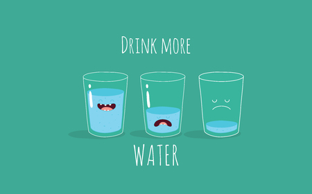 Water set. Funny big and small bottle of water, glass of water and drop water with the inscription drink more water. Vector illustration.のイラスト素材