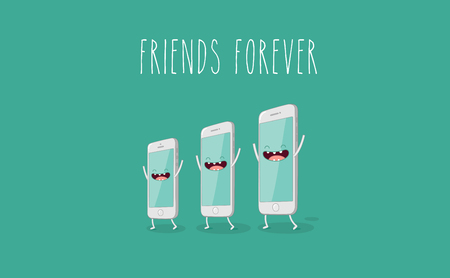 Set of funny cartoon mobile phone, smartphone characters with human faces showing various emotions, vector illustration isolated on white background. Set of cartoon mobile phone, smartphone charactersのイラスト素材