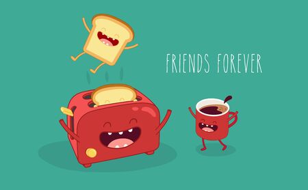 Funny breakfast set. Comic characters. Vector illustrations.のイラスト素材