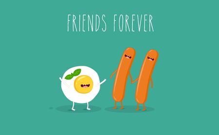 Funny breakfast set. Comic characters. Vector illustrations.のイラスト素材