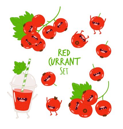 Funny red currant set, berry smiling friendsのイラスト素材