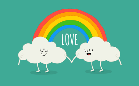 Rainbow among the cute animated clouds. Vector illustration. You can use for cards, fridge magnets, stickers, posters or restaurant menu.のイラスト素材