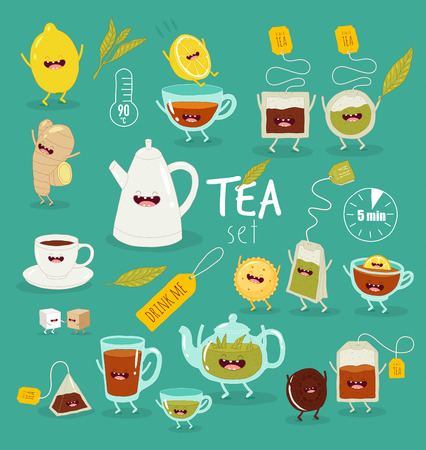 Animated tea accessories invite to drink tea. Vector graphics.のイラスト素材