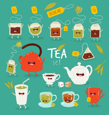 Animated tea accessories invite to drink tea. Vector graphics.のイラスト素材