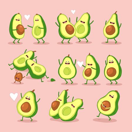 Funny cartoon couples character of avocado. Valentine day vector concept illustration with cute avocados isolated on green background.のイラスト素材