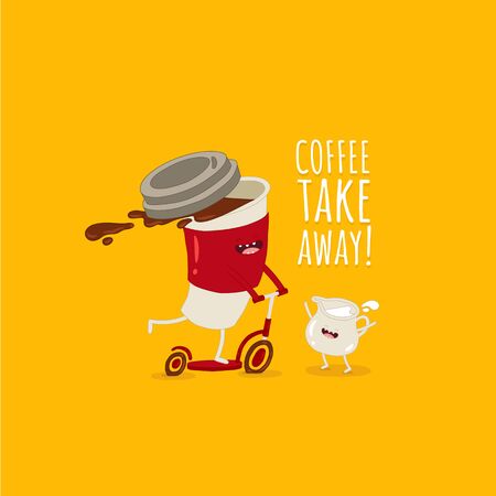 Funny image cup of coffee on the scooter take away milk.のイラスト素材