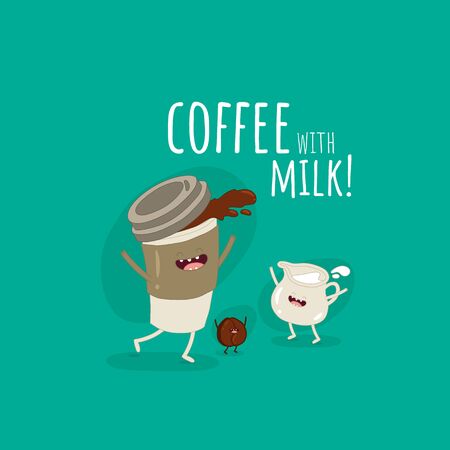Funny image glass of coffee with milk and coffee bean.のイラスト素材