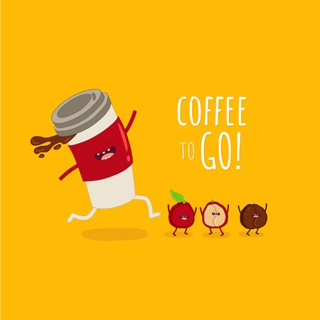 Funny image running cup of coffee with coffee bean.のイラスト素材