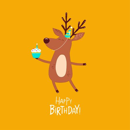 Funny deer wishes a happy birthday. Vector graphics.のイラスト素材