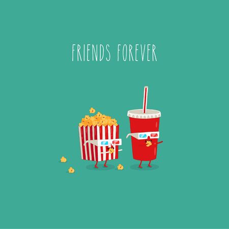 Popcorn and Cola watch the movie in 3D. Vector graphics.のイラスト素材