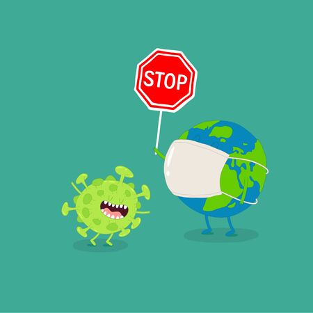 Earth holds coronavirus stop sign. Vector graphics.のイラスト素材