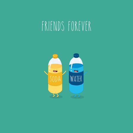 soda water and water bottles friends forever. Vector illustration.のイラスト素材