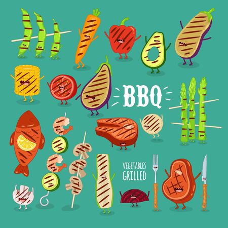 barbecue vegetbles fish funny set. Vector illustration.のイラスト素材