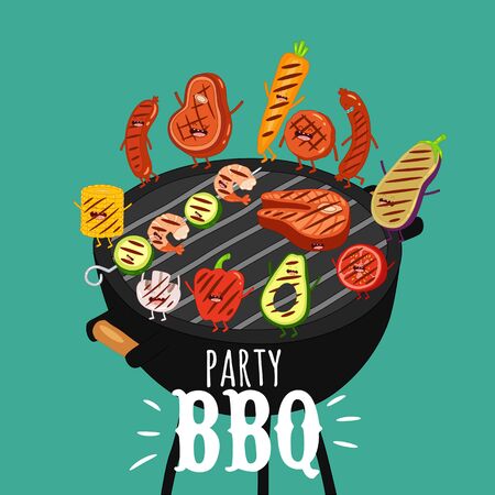 barbecue roaster food funny party. Vector illustration.のイラスト素材