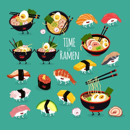 ramen sushi set. Time for ramen. Vector illustration.のイラスト素材