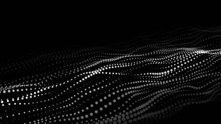Dynamic particles wave. White dots on black background. Digital landscape. Vector illustration.Big data visualization 3D.のイラスト素材