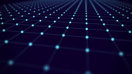 Abstract wireframe perspective grid, connection of blue dots and lines on dark background. 3d...