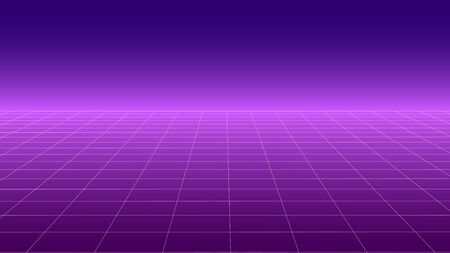 Synthwave background. Retro futuristic backdrop with perspective grid. Pink glow in distance....
