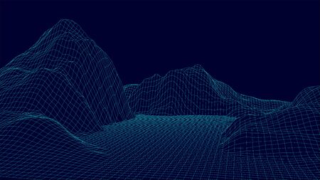 Abstract digital polygonal wireframe landscape. Vector mesh illustration on dark background.のイラスト素材