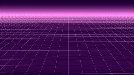 Synthwave background. Retro futuristic backdrop with perspective grid. Vector illustration. Pink glow in distance. Geometric template. 80s style.のイラスト素材
