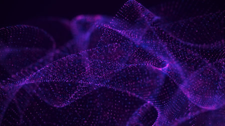 Purple bokeh wave. Data flow with lighting dots. Big data stream. Violet bright magic sparks in wave motion.の写真素材