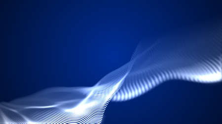 Blue dynamic particles wave. Embossed mesh representing internet connections, cloud computing and neural networks. Data flow. Technical background.の写真素材